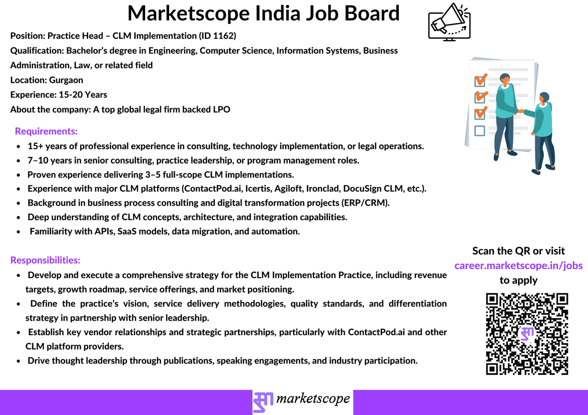 Marketscope_IND's tweet image. Job Alert !!!
We are currently looking for candidates for a PRACTICE HEAD – CLM IMPLEMENTATION for a top global legal firm backed LPO

Experience: 15-20 Years
Location: Gurugram

To apply please visit
career.marketscope.in/jobs
(Please search for ID 1162)

For more such updates,…