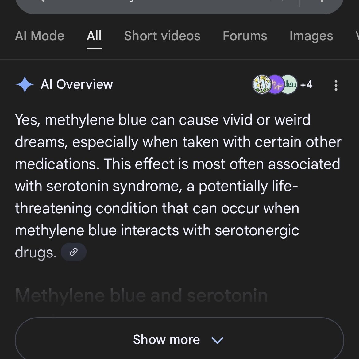 Think I will skip the methylene blue today. Every person I’ve ever known and every experience I’ve ever had, good and bad, is starting to come together in continuous connected story dreams every single night. Freaking cool AF, but terrifying. I feel fine though physically.
