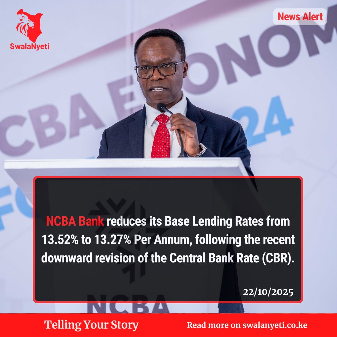 NCBA Bank Kenya has reduced its Base Lending Rates (NBLR) from 13.52% to 13.27% Per Annum following the recent downward revision of the Central Bank Rate (CBR).