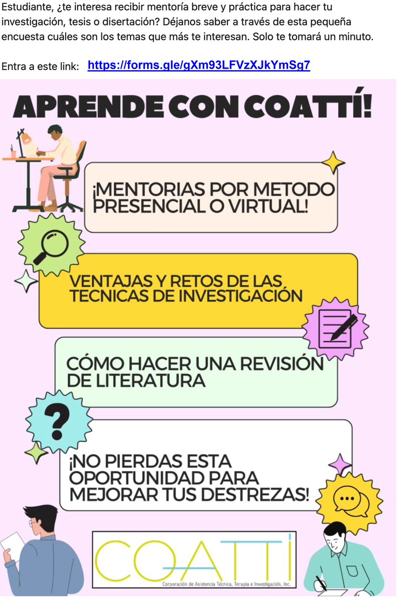 Compartimos información cortesía de COATTÍ:

De tener cualquier pregunta, puede comunicarse con la Corporación de Asistencia Técnica, Terapia e Investigación. Inc.(COATTÍ) al siguiente correo electrónico: info@coattipr.com

Encuesta:  forms.gle/gXm93LFVzXJkYm…
