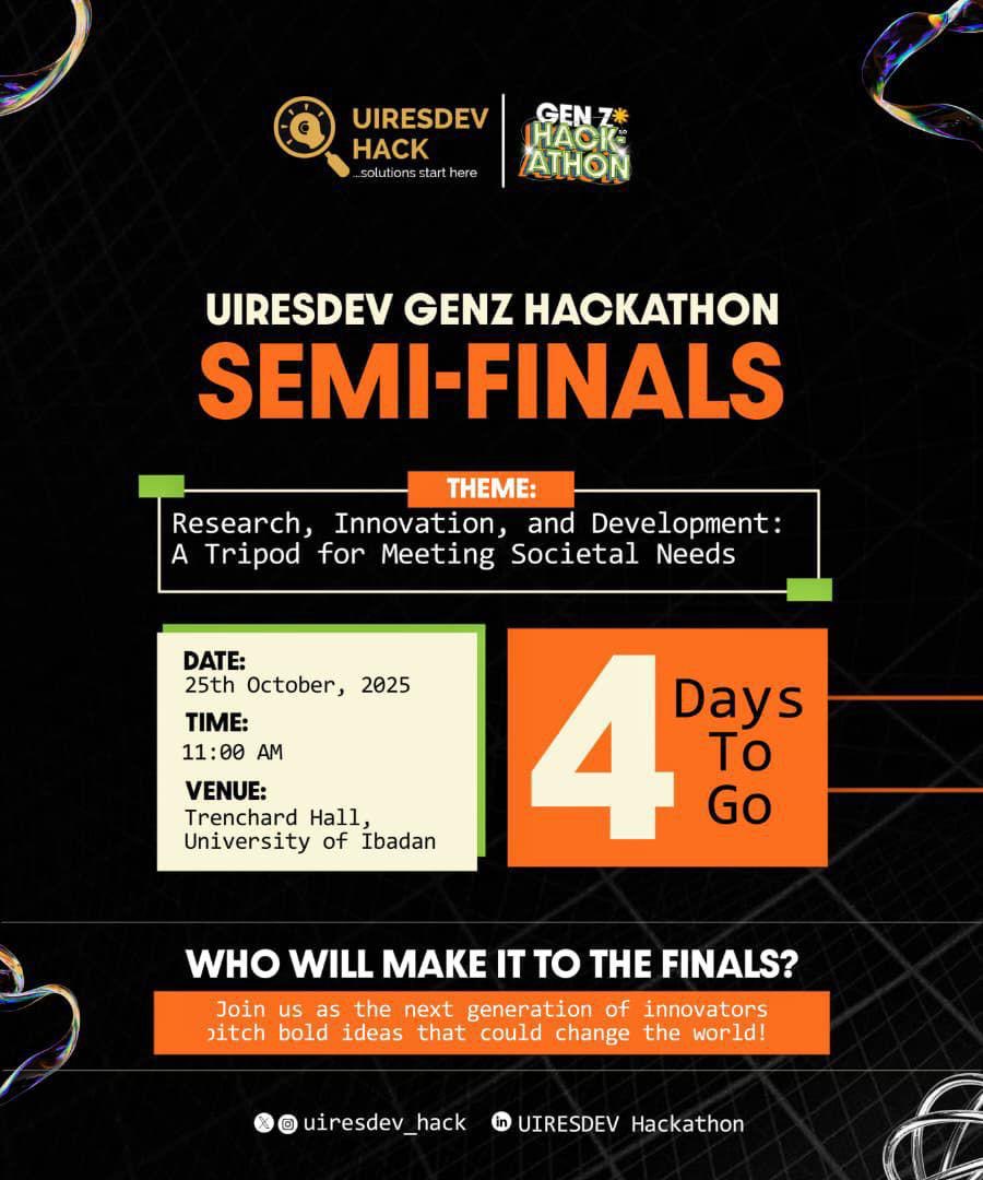 uiresdev_hack's tweet photo. 🚨 4 DAYS TO SEMIFINALS! 🎊✨

Weeks of late-night brainstorming, countless designs, and endless creativity it all leads here! 🤩

📆 Sat, Oct 25th 2025
🏛 Trenchard Hall, UI
🕚 11:00 AM

Item 7 is guaranteed 😋💯

🔗 Register: https://t.co/EMr7ZYjbVL https://t.co/UiPdJ4XoUT