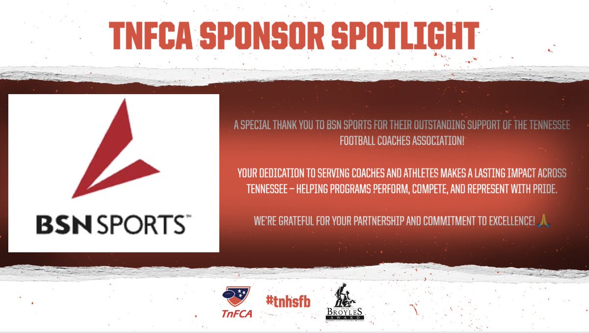 TFCAFootball's tweet photo. BSN SPORTS @BSNSPORTS
A special thank you to BSN Sports for their outstanding support of the Tennessee Football Coaches Association!
Your dedication to serving coaches and athletes makes a lasting impact across Tennessee — helping programs perform, compete, and represent with pride.
We’re grateful for your partnership and commitment to excellence! 🙏