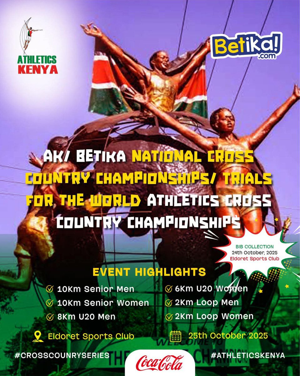 Sherehe_Plug's tweet image. • #Eldoret #CrossCountryKenya •

🏃🏾‍♂️ NATIONAL XC CHAMPIONSHIPS + WORLD TRIALS🔥
📅 Oct 25, 2025 |
⏰ From 9:30AM
📍 Eldoret Sports Club |
🎟️ Entry: FREE!

Come cheer Kenya’s best as they battle for glory &amp;amp; global spots! 🇰🇪💪

#AthleticsKenya #RunningNation #XCTrials #SherehePlug