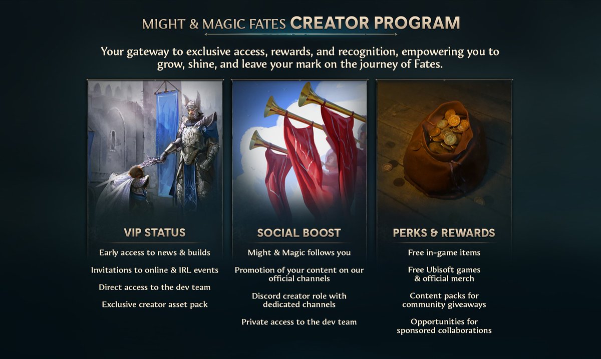 🚨 Applications for the Might &amp; Magic: Fates 𝗖𝗿𝗲𝗮𝘁𝗼𝗿 𝗣𝗿𝗼𝗴𝗿𝗮𝗺 are still open!

We welcome content creators of all kinds, streamers, artists, etc 🎥📊🎨

To get more info and apply 👇
bit.ly/MightMagicFate…