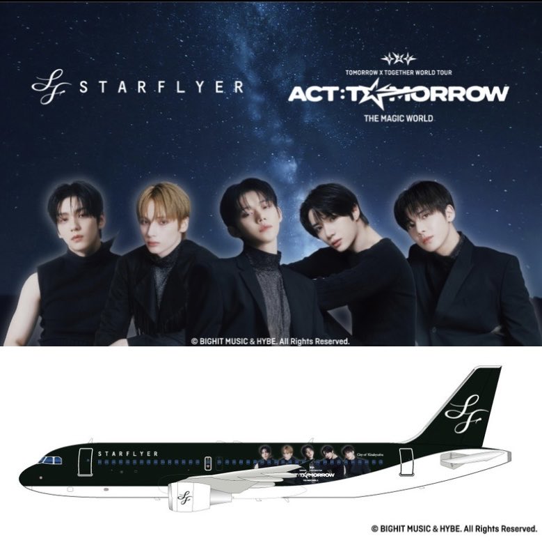 NOTICE | 251022

#STARFLYER × TOMORROW X TOGETHER
ACT:TOMORROW The Magic World Collaboration Jet Launch Announced! ✈️

A special aircraft featuring designs of all five TXT members (JA25MC) is scheduled to operate on all Starflyer routes.

Enjoy your journey in the skies with the