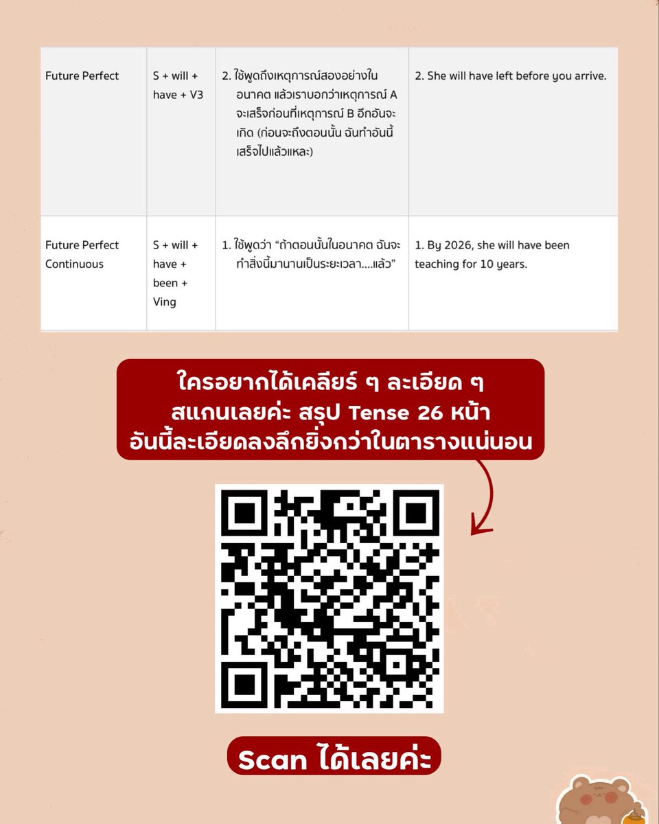 pmooktutor's tweet image. ตารางสรุป 12 Tense 🕦

ใครที่อยากได้การใช้แบบละเอียด ๆ กว่าในตาราง แบบว่าเผื่อในตารางยังไม่เคลียร์ สแกนอ่านแบบเวอร์ชั่นเต็ม 20 กว่าหน้าได้เลยนะคะ 

#dek69 #dek70 #dek71