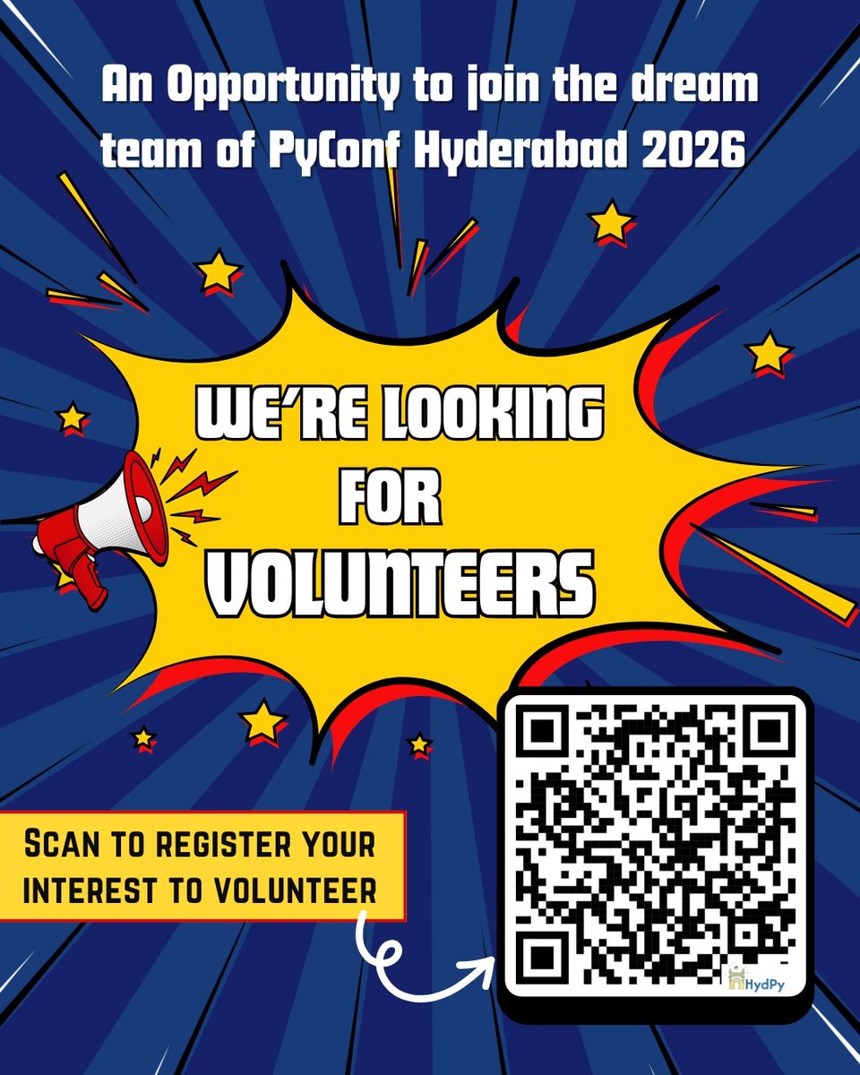 pyconfhyd's tweet image. 🤝 Help shape #PyConfHyd2026!
We’re looking for passionate volunteers to join hands with our workgroups to bring this event to life.
Apply now 👉 tinyurl.com/PyConfHyd2026-…
#PythonCommunity #TechCommunity #techevent #Volunteer