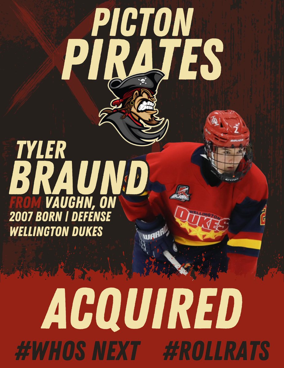 🚨 ACQUIRED 🚨

The Picton Pirates are thrilled to add 2007-born D-man Tyler Braund from the Wellington Dukes!

At 6’3”, 190 lbs, Tyler’s a steady, mobile defender who brings size, poise &amp; compete to our backend.

Welcome aboard, Braunder! 🏴‍☠️💪

#WelcomeAboard #Picton🤝Wellington