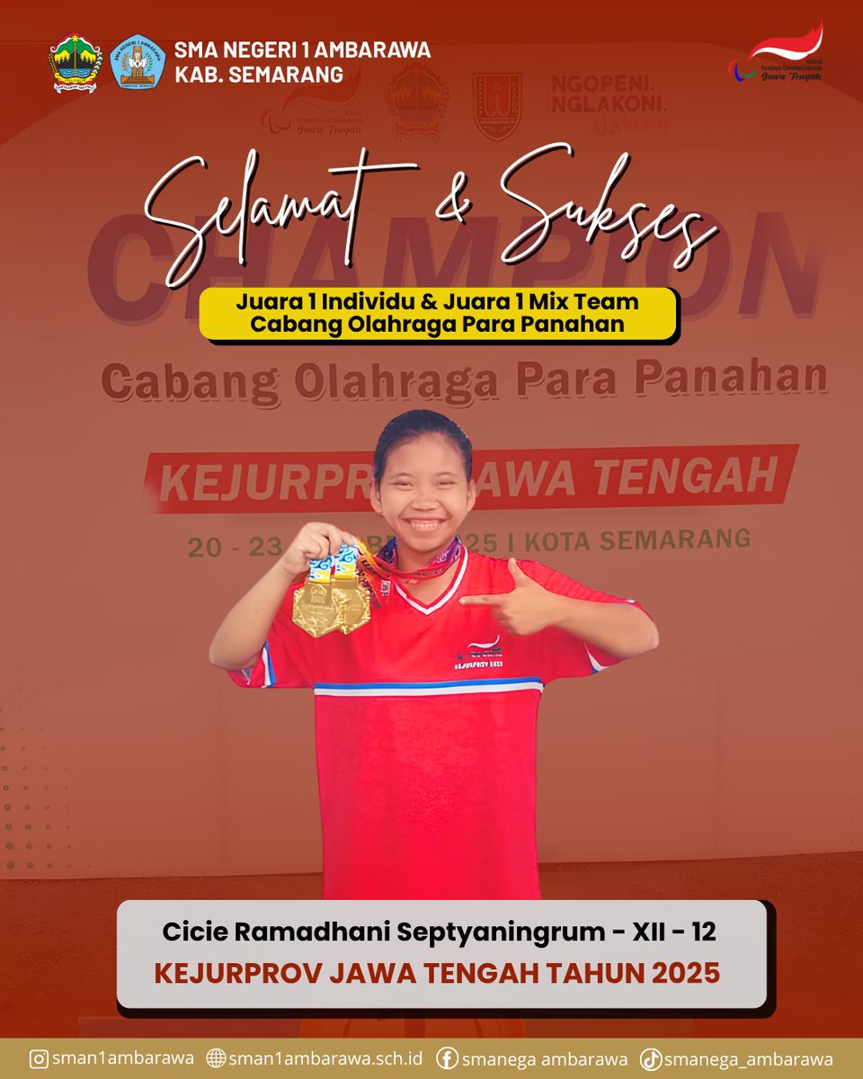 sman1ambarawa_'s tweet photo. Selamat dan Sukses
Juara 1 Individu dan Juara 1 Mix Team
Cabang Olahraga Para Panahan
Kejurprov Jawa Tengah Tahun 2025
Cicie Ramadhani Septyaningrum
Kelas XII - 12
#smanega
#sman1ambarawa
#ambarawa
#kabsemarang
#jawatengah
#kejurprov
#kejurprovjawatengah https://t.co/YuplNCZuDP