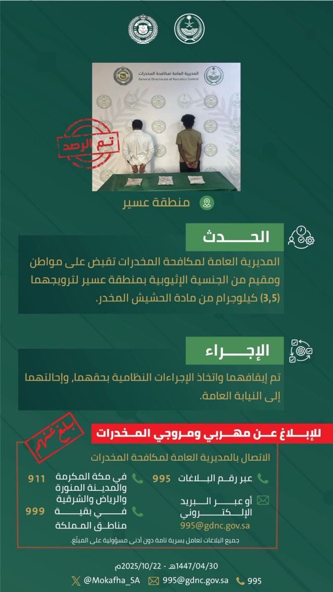 القبض على شخصين بمنطقة #عسير لترويجهما (3.5) كيلوجرام من مادة الحشيش المخدر.