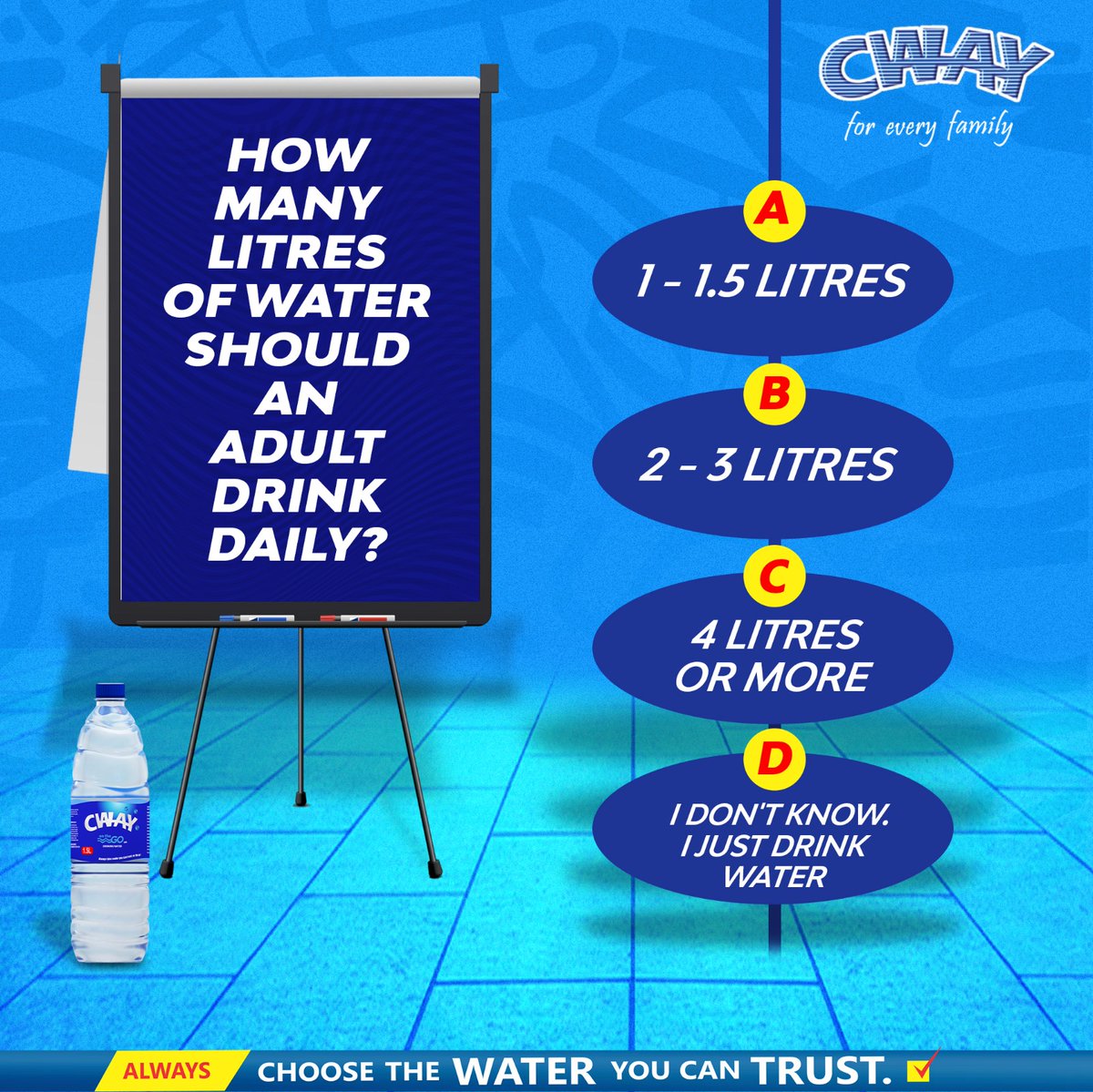 Staying hydrated starts with awareness, let’s test your hydration IQ🤓!

How many litres of water should an adult drink daily? Drop your guess below,👇the answer might surprise you😉

#CWAYOTG #Hydrationawareness