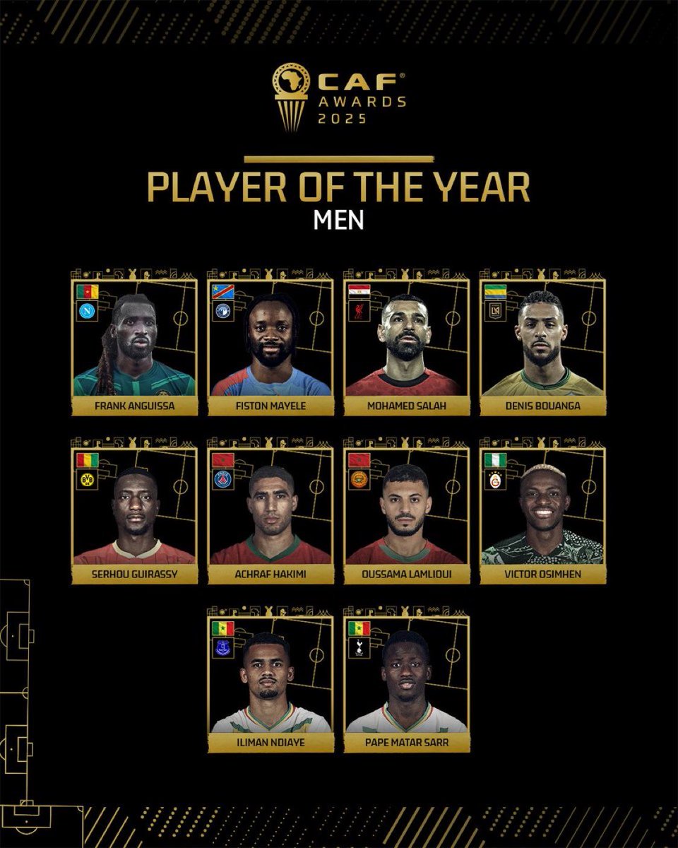Football__Tweet's tweet image. 🚨🎖️ 𝗢𝗙𝗙𝗜𝗖𝗜𝗔𝗟: The nominees for African Player of the Year:
🇨🇲 André-Frank Zambo Anguissa
🇨🇩 Fiston Mayele
🇪🇬 Mohamed Salah
🇬🇦 Denis Bouanga
🇬🇳 Serhou Guirassy
🇲🇦 Achraf Hakimi
🇲🇦 Oussama Lamlioui
🇳🇬 Victor Osimhen
🇸🇳 Iliman Ndiaye
🇸🇳 Pape Matar Sarr
Who do you think…