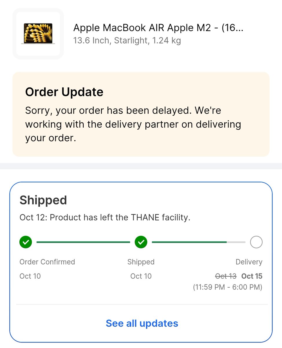 gabbarxd's tweet photo. Its been 1 month and this macbook m2 is not being delivered yet

12 oct se bas Thane me hi atka hua hai, call karo to 48 ghante ka time mangte hai

@PiyushGoyalOffc attention

@Flipkart @flipkartsupport Do you want another expose video or what? Please fix this mess you've created https://t.co/3vlDuIb9J9