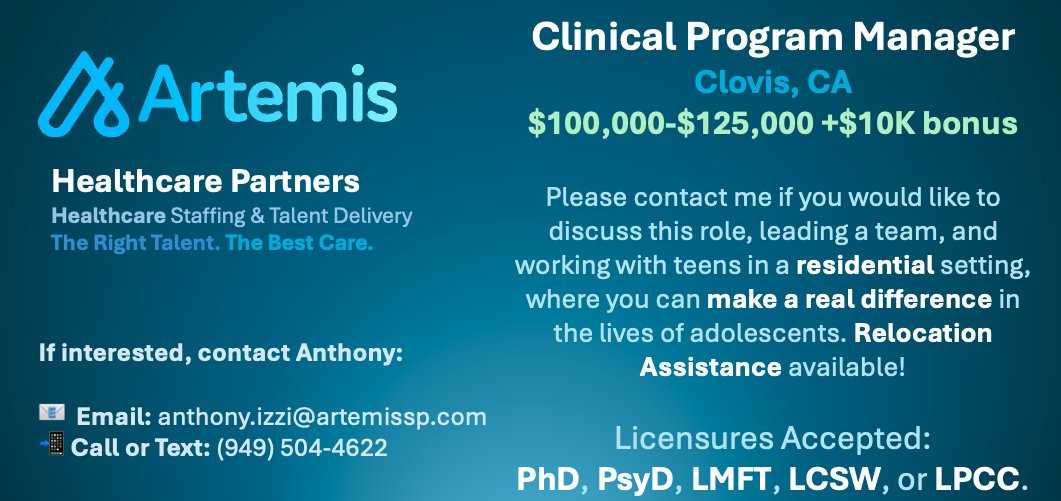 AntIzziArtemis's tweet photo. Clinical Program Manager - Clovis, CA. Pay: $100-125K + $10K bonus. Email CV: anthony.izzi@artemissp.com

https://t.co/Y6MTROPAT6

#jobsearch #healthcare #Careers #job #Therapist #PhD #PsyD #LCSW #LMFT #LPCC #Clovis #CA #California #role #position #Clinical #Program #Manager https://t.co/CxeC41zBS4