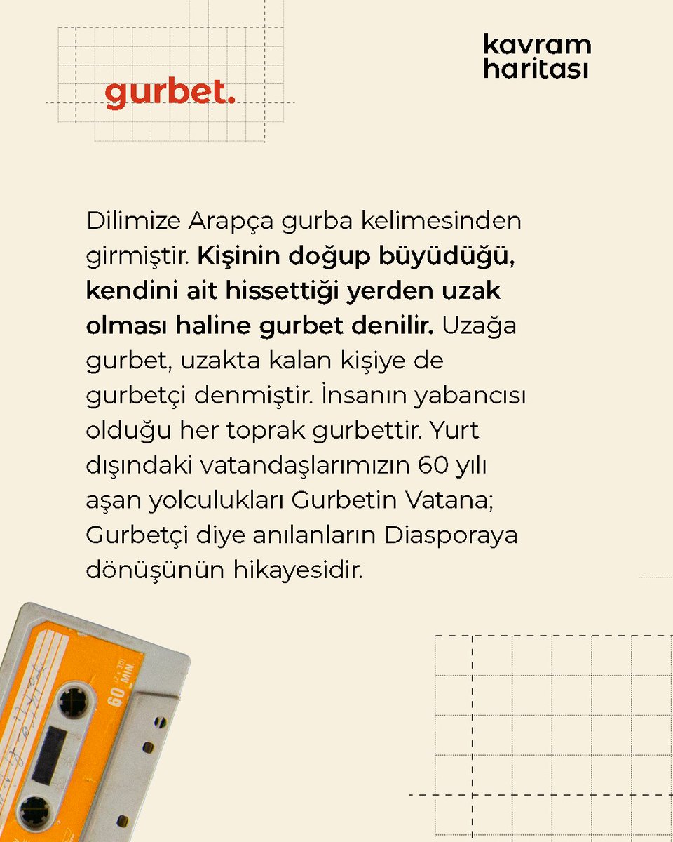 #Gurbet
Dilimize Arapça gurba kelimesinden girmiştir. Kişinin doğup büyüdüğü, kendini ait hissettiği yerden uzak olması haline gurbet denilir. Uzağa gurbet, uzakta kalan kişiye de gurbetçi denmiştir. İnsanın yabancısı olduğu her toprak gurbettir. Yurt dışındaki vatandaşlarımızın