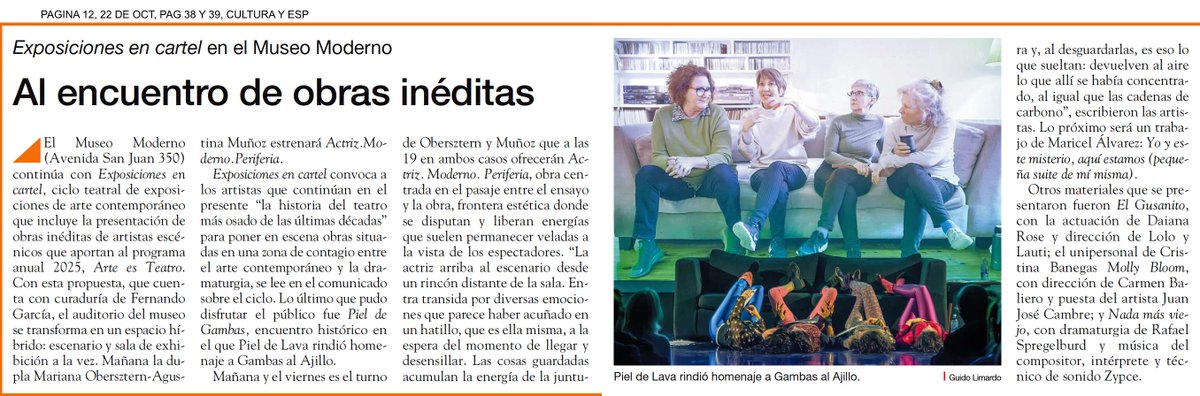 El ciclo Exposiciones en cartel del Museo Moderno en
<a href="/pagina12/">Página|12</a>
Jueves 23 y viernes 24 de octubre, 19 h: El dúo conformado por Mariana Obersztern y Agustina Muñoz presentan la performance Actriz.Moderno.Periferia. Entradas a $7000 en boletería o por Entradas BA.
@mdyaccar <a href="/frgr67/">fernando garcia</a>