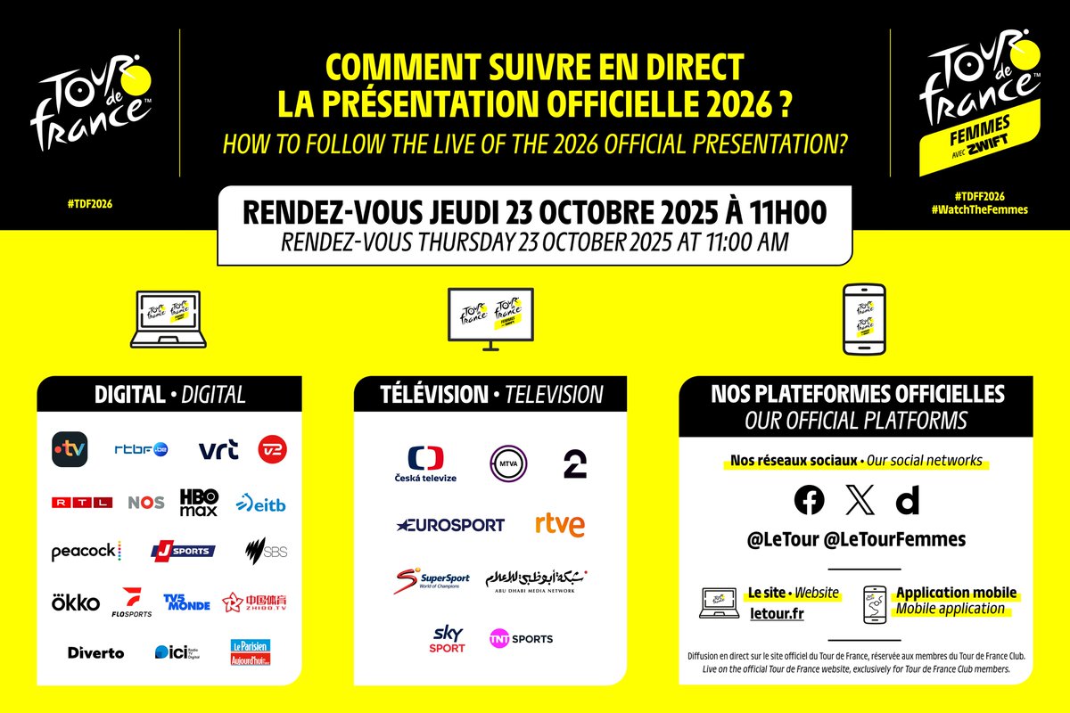 [#Cyclisme]🎥 Suivez en direct la présentation officielle du Tour de France 2026 ce jeudi 23 octobre à 11h !