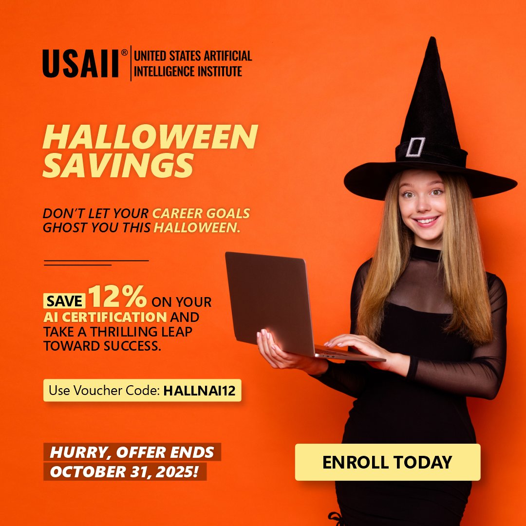 usaiinstitute's tweet image. Don’t just celebrate #Halloween—celebrate your future! Transform your career with USAII®’s self-paced #AICertification, save 12% with code HALLNAI12, and master the skills that make #AIprofessionals unstoppable, hurry—offer ends October 31, 2025. tinyurl.com/27yv5s4y