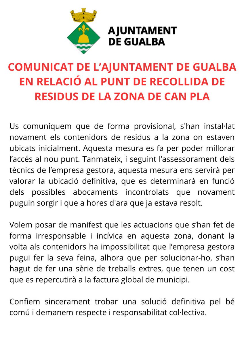 MarcUriach's tweet photo. Intolerable! No es pot anar assenyalant veïns com a irresponsables, incívics i marcar-los davant els altres @gualbainfo Porten temps demanant solucions i també es va comunicar en l’últim Ple. S’ha d’atendre les problemàtiques, donar solucions i sobretot ser respectuosos. https://t.co/pLHweG4gAC