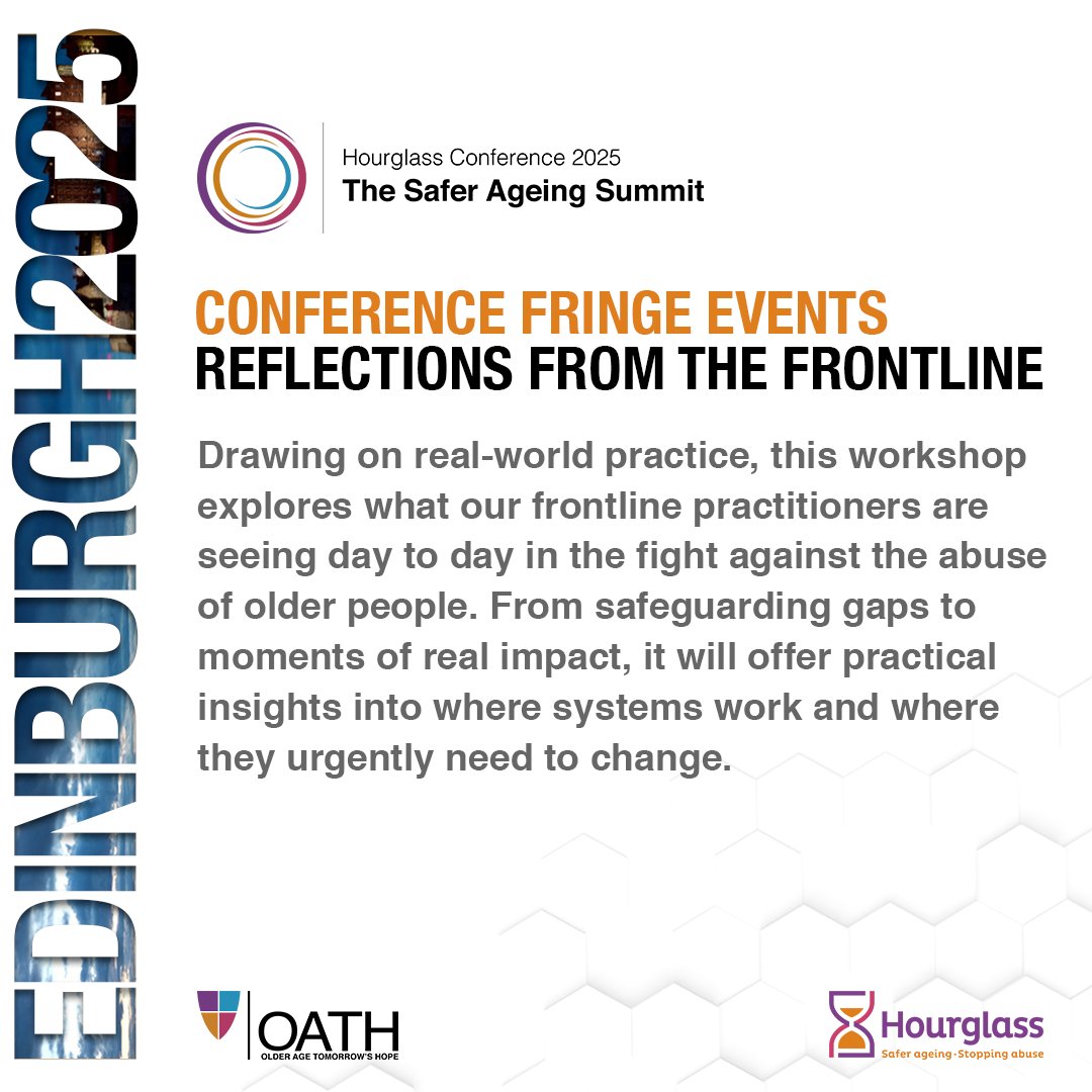 Join our interactive workshops to explore key issues with Hourglass experts — from frontline experiences to economic abuse, domestic abuse deaths, and more.

Book here: eventbrite.co.uk/e/hourglass-co…

#Conference2025 #StoppingAbuse #SaferAgeing