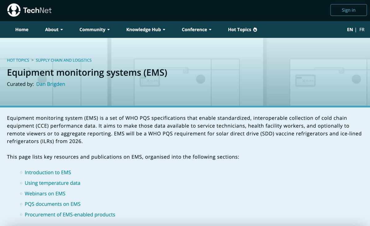 TechNet21Mod's tweet image. A new Hot Topic page on Equipment monitoring systems (EMS) is available on TechNet.
EMS is a set of #WHOPQS specifications that enable standardized, interoperable collection of cold chain equipment performance data.
This page lists key resources on EMS: technet-21.org/en/topics/supp…