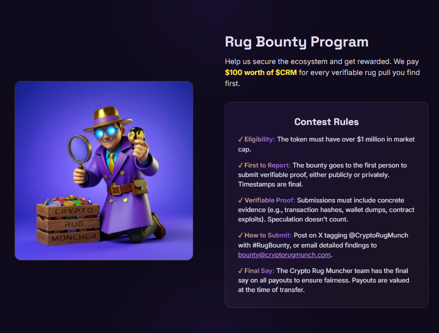 Crypto Rug Muncher (@cryptorugmunch) on Twitter photo Rug Bounty Program Incoming
Final details on our Rug Bounty Program — we’ll be going live with it when the site launches.
This program is one of the ways we’re aiming to reward good actors in the space while expanding our coverage on scams and bad players.
It’s all part of Rug Bounty Program Incoming
Final details on our Rug Bounty Program — we’ll be going live with it when the site launches.
This program is one of the ways we’re aiming to reward good actors in the space while expanding our coverage on scams and bad players.
It’s all part of