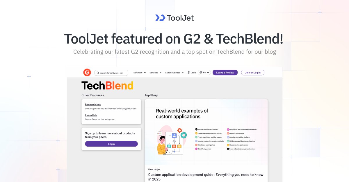 ToolJet's tweet image. Exciting news 🎉
Our blog “Custom Application Development Guide: Everything You Need to Know in 2025” is topping the G2 TechBlend charts!
We break down real-world examples and how teams can future-proof their tools with AI-driven dev.
Big thanks to G2!
Link in comments 👇