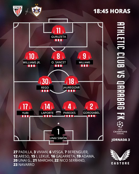 Graphic displays UEFA Champions League Jornada 3 match between Athletic Club and Qarabağ FK at 18:45 hours, with red and white team colors, starting formation showing goalkeeper Unai Simón number 1, defenders Yuri number 17, Aymeric Laporte number 4, Dani Vivian number 2, Óscar de Marcos number 18, midfielders Beñat Pradilla number 27, Mikel Jauregizar number 30, Alex Berenguer number 7, forwards Iñaki Williams number 11, Oihan Sancet number 8, Gorka Guruzeta number 9, substitutes include Julen Agirrezabala, Ander Herrera, Nico Williams, Iñigo Ruiz de Galarreta, Manu García, Daniel Vivian, and others.