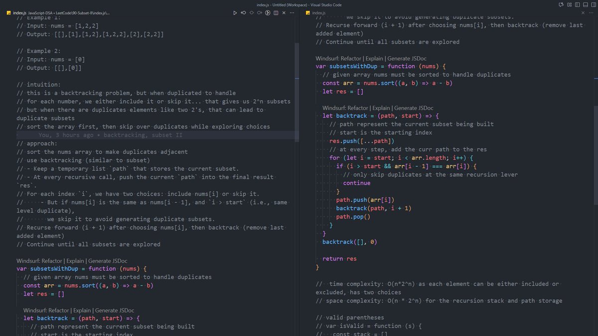 1amWaziR's tweet image. 🚀 Day 124 #200DaysOfDSA

Today, I worked on Backtracking &amp;amp; handling duplicates in subsets and Stack problems

Solved:
✔️ 90. Subsets II
✔️ 20. Valid Parentheses
Focus: Building intuition and discipline

Huge thanks to @akshaymarch7

#DSA #JavaScript #ProblemSolving #Backtracking