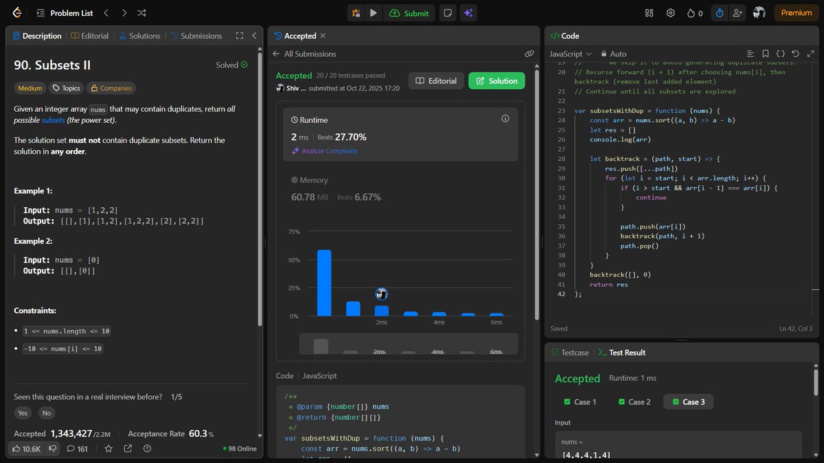 1amWaziR's tweet image. 🚀 Day 124 #200DaysOfDSA

Today, I worked on Backtracking &amp;amp; handling duplicates in subsets and Stack problems

Solved:
✔️ 90. Subsets II
✔️ 20. Valid Parentheses
Focus: Building intuition and discipline

Huge thanks to @akshaymarch7

#DSA #JavaScript #ProblemSolving #Backtracking