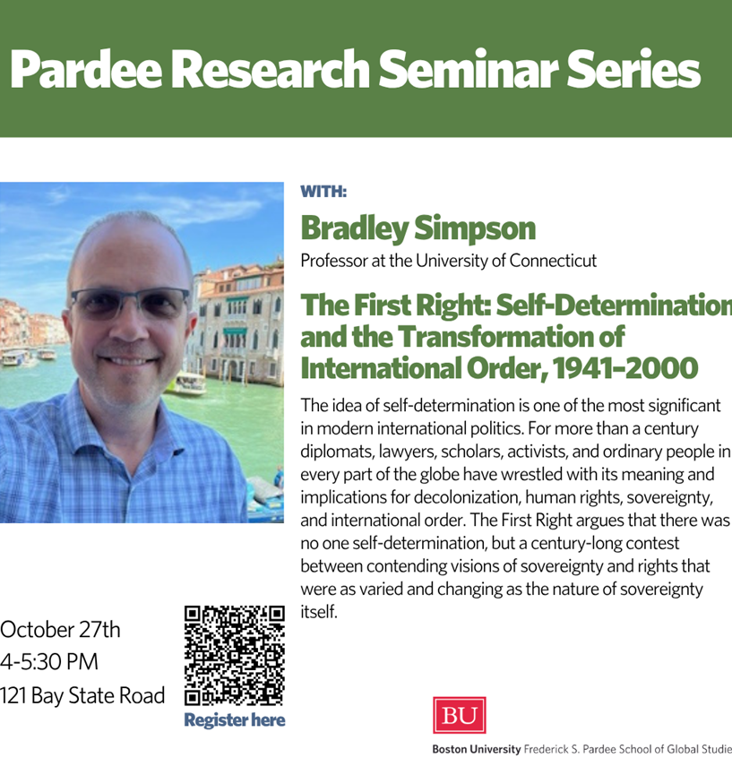 A reminder to folks in Boston: Professor Bradley Simpson  <a href="/bradleyrsimpson/">Brad Simpson (bradleyrsimpson.bsky.social)</a> will be giving a book talk on The First Right next Monday Oct. 27 at 4pm at 121 Bay State Road, Boston University. Come join us!