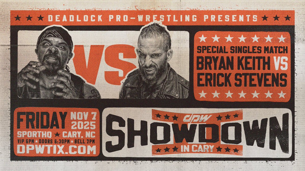 DEADLOCK Pro Wrestling (@deadlockpro) on Twitter photo π¨ DPW SC2 UPDATE π¨
The Bounty Hunter returns! BRYAN KEITH takes on ERICK STEVENS in a special singles match on November 7th in Cary!
DPW Showdown In Cary II
ποΈ 11/07 | Cary, NC
π deadlock.link/siciix π¨ DPW SC2 UPDATE π¨
The Bounty Hunter returns! BRYAN KEITH takes on ERICK STEVENS in a special singles match on November 7th in Cary!
DPW Showdown In Cary II
ποΈ 11/07 | Cary, NC
π deadlock.link/siciix