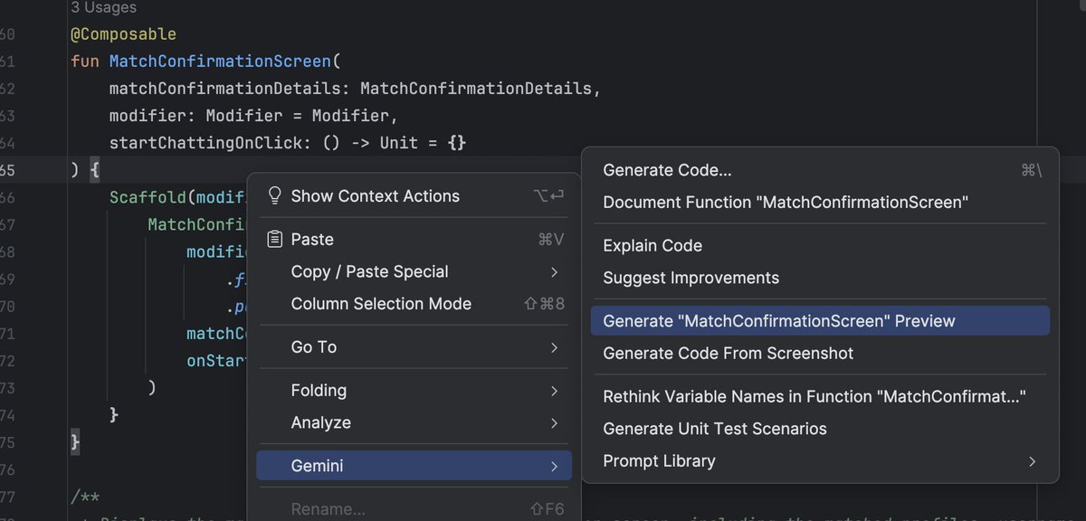AndroidStudio's tweet image. Accelerate your development setup with an assist from Gemini → goo.gle/4pUblSA
The "Generate Compose Preview" feature is now enhanced by the Gemini agent to provide more accurate results for your Composable functions.
