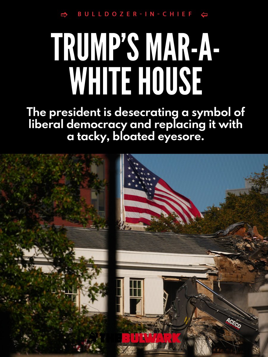 "No planning. No proposals to the National Capital Planning Commission. No opportunity for notice and comment from the public. Just Trump’s whim—and a beloved national symbol tumbles to dust. It’s obscene."

<a href="/monacharen/">Mona Charen</a> on Trump's White House demolition: thebulwark.com/p/trump-mar-a-…