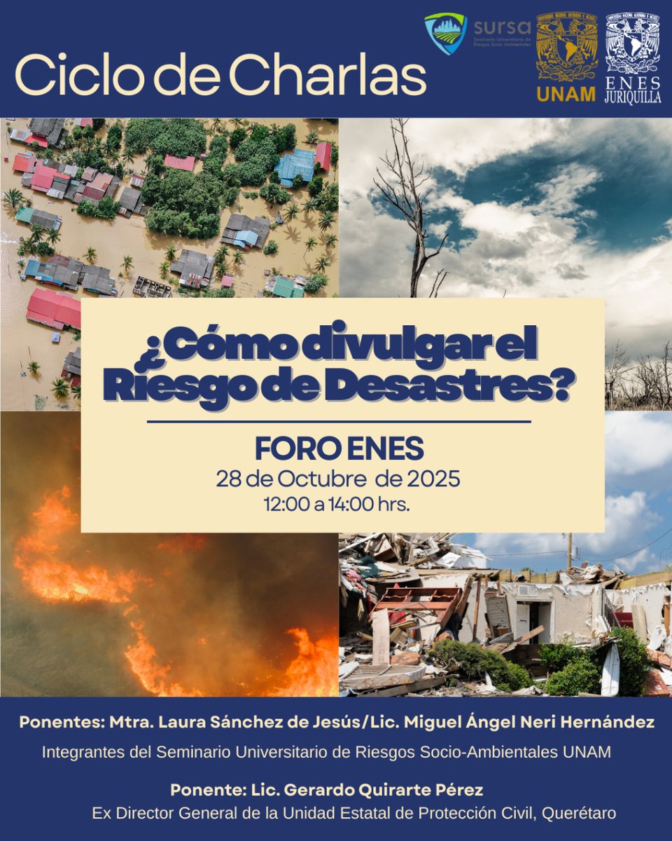 🌎 "¿Cómo divulgar el Riesgo de Desastres?" en la <a href="/EnesJuriquilla/">ENES Juriquilla</a>.

📌FORO ENES
📅28 de octubre de 2025
⏰12:00 a 14:00 hrs.

👷‍♂️Participa el Lic. Gerardo Quirarte Pérez - Ex Director de la Unidad Estatal de Protección Civil, Querétaro y el equipo del #SURSA.

¡No te lo pierdas!