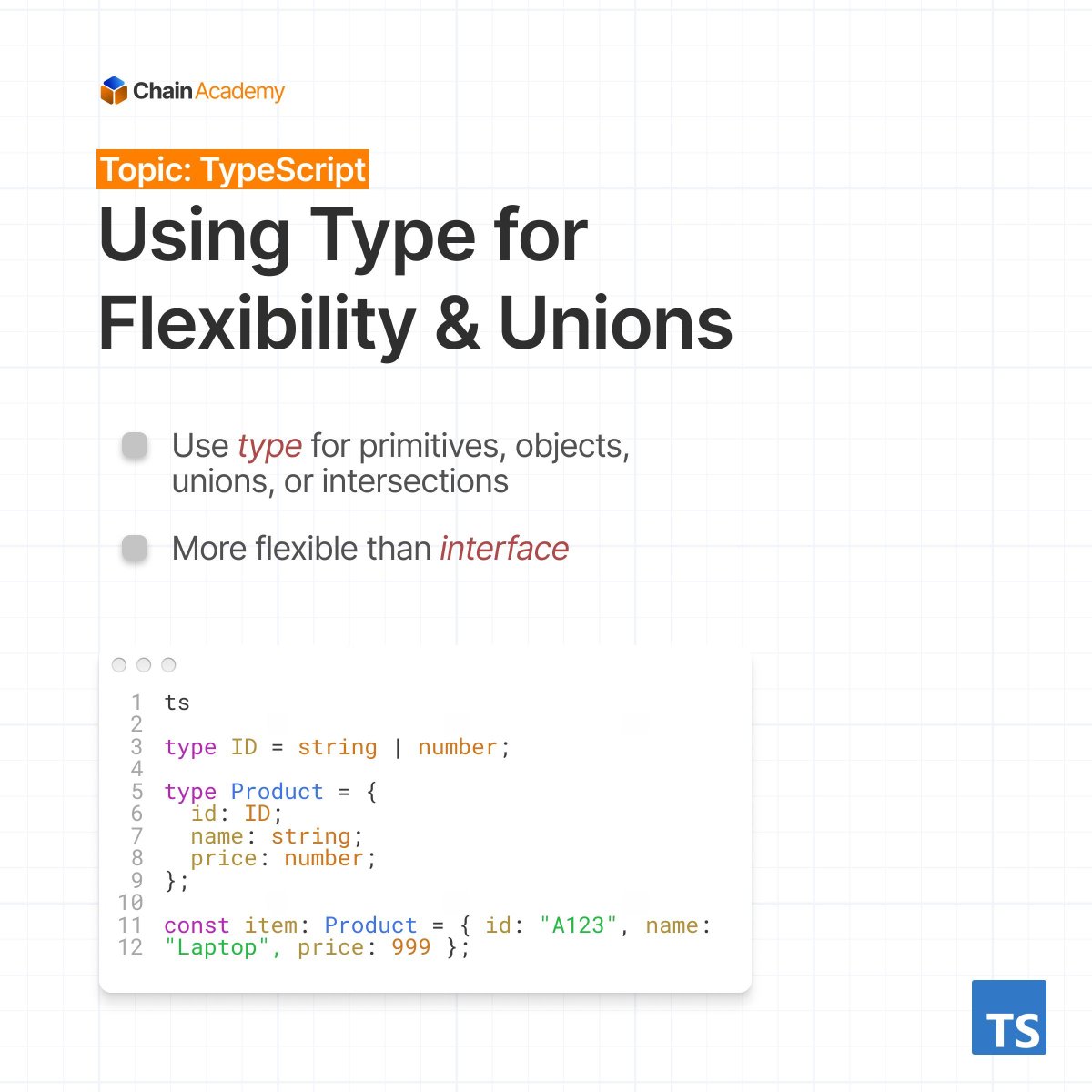 chainacademy_'s tweet image. Interfaces and type aliases are powerful tools for defining object shapes and ensuring consistency across your codebase.
Learn how to use, extend, and choose between them.
Swipe through this 4-part intro
#TypeScript #LearnToCode #ChainAcademy #LimitlessLearning