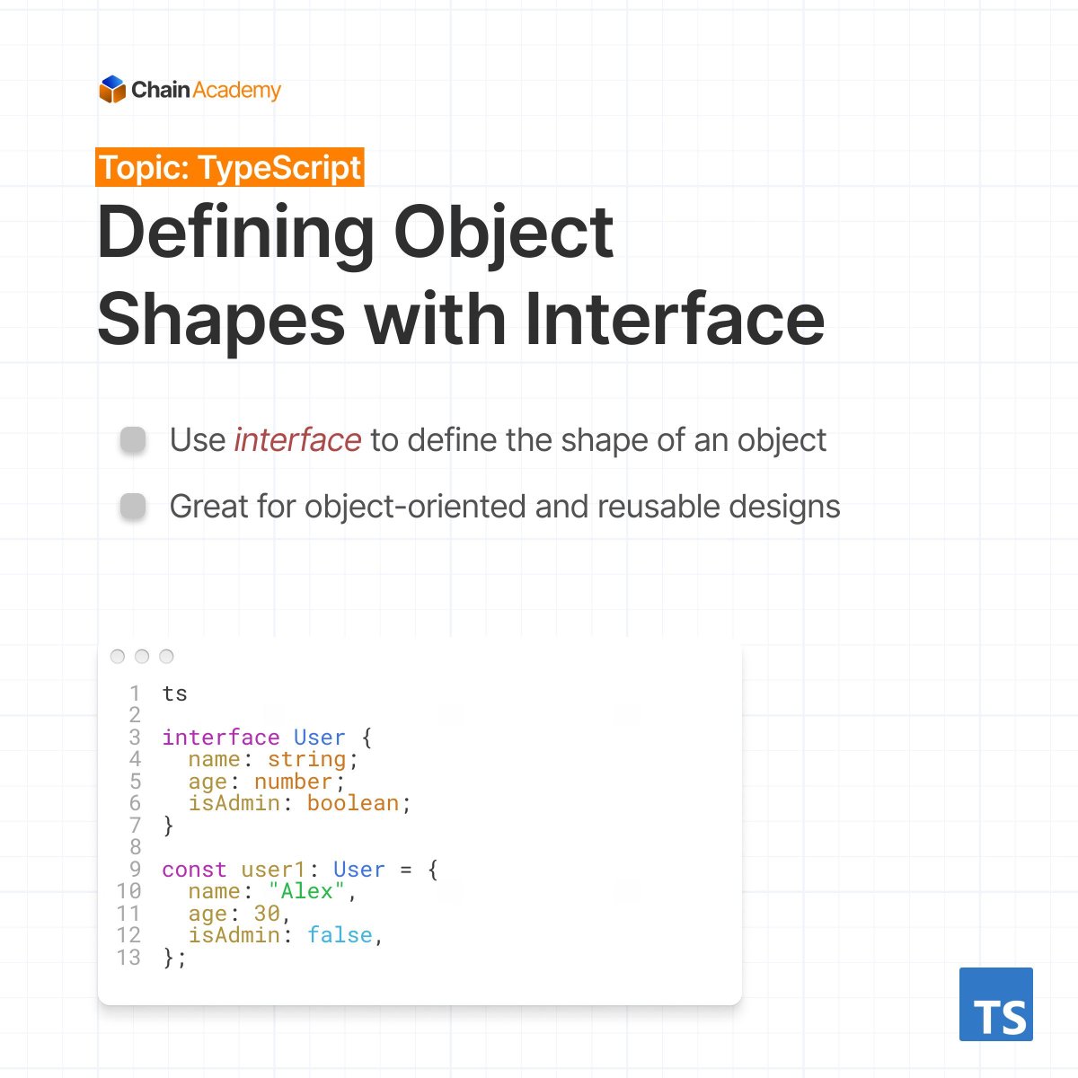 chainacademy_'s tweet image. Interfaces and type aliases are powerful tools for defining object shapes and ensuring consistency across your codebase.
Learn how to use, extend, and choose between them.
Swipe through this 4-part intro
#TypeScript #LearnToCode #ChainAcademy #LimitlessLearning