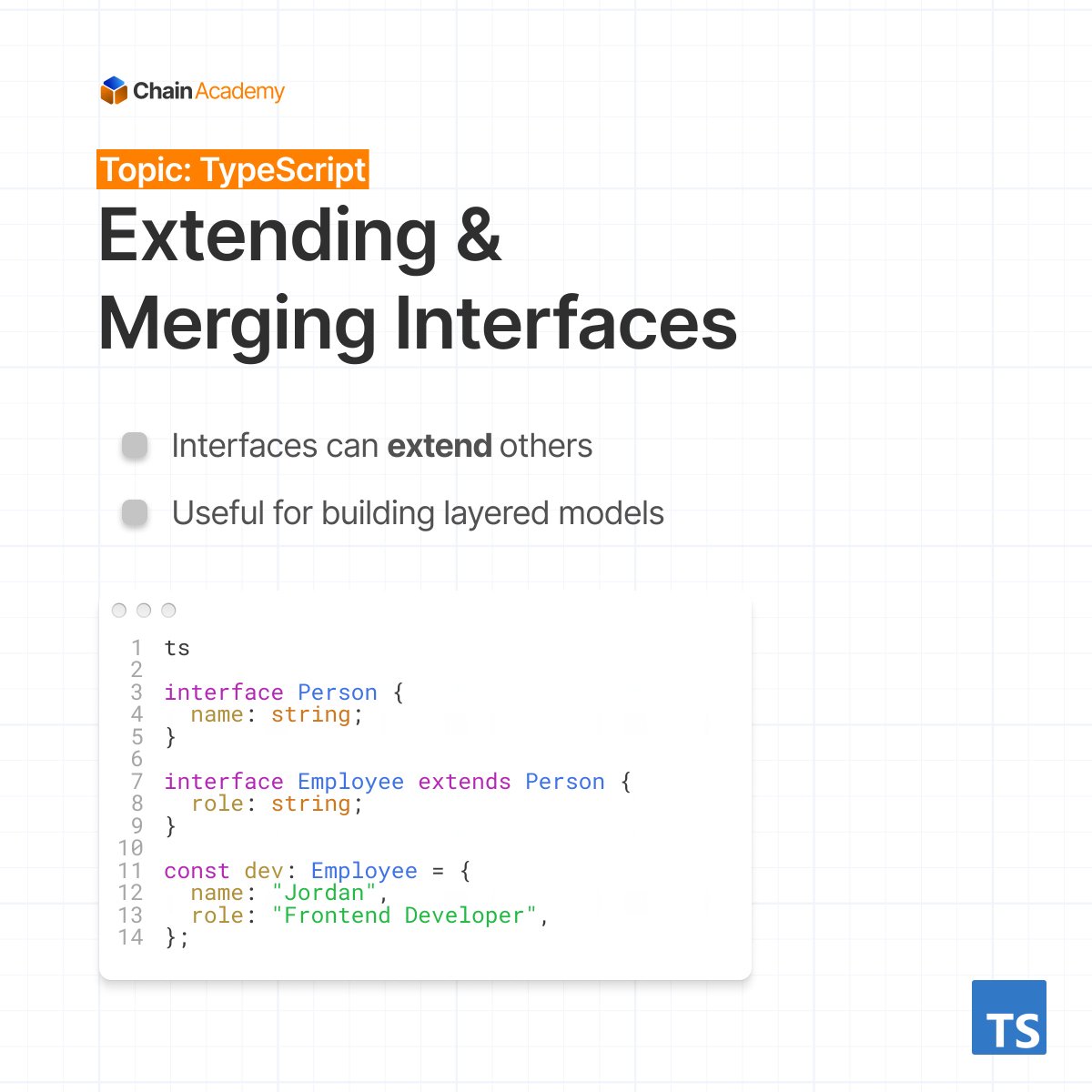 chainacademy_'s tweet image. Interfaces and type aliases are powerful tools for defining object shapes and ensuring consistency across your codebase.
Learn how to use, extend, and choose between them.
Swipe through this 4-part intro
#TypeScript #LearnToCode #ChainAcademy #LimitlessLearning