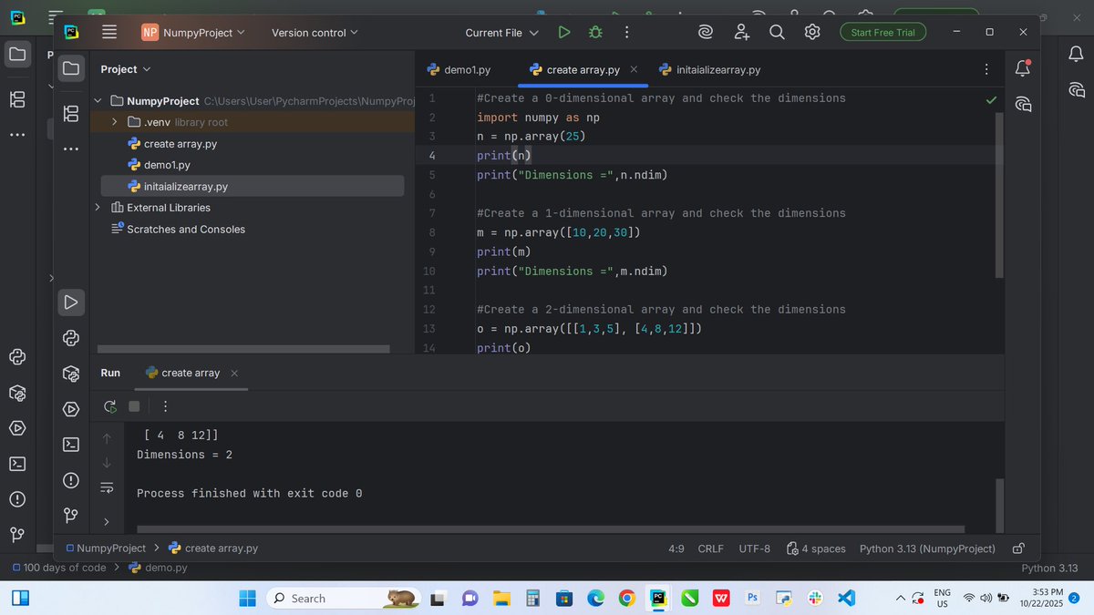 spac3cadet__'s tweet image. Day 22:
So I got hands-on with NumPy today
I played around with arrays, dimensions, data types, indexing, slicing, and reshaping, basically putting everything I’ve learned so far on NumPy into practice. I’m happy I’m getting the hang of it already.
#100DaysOfCode