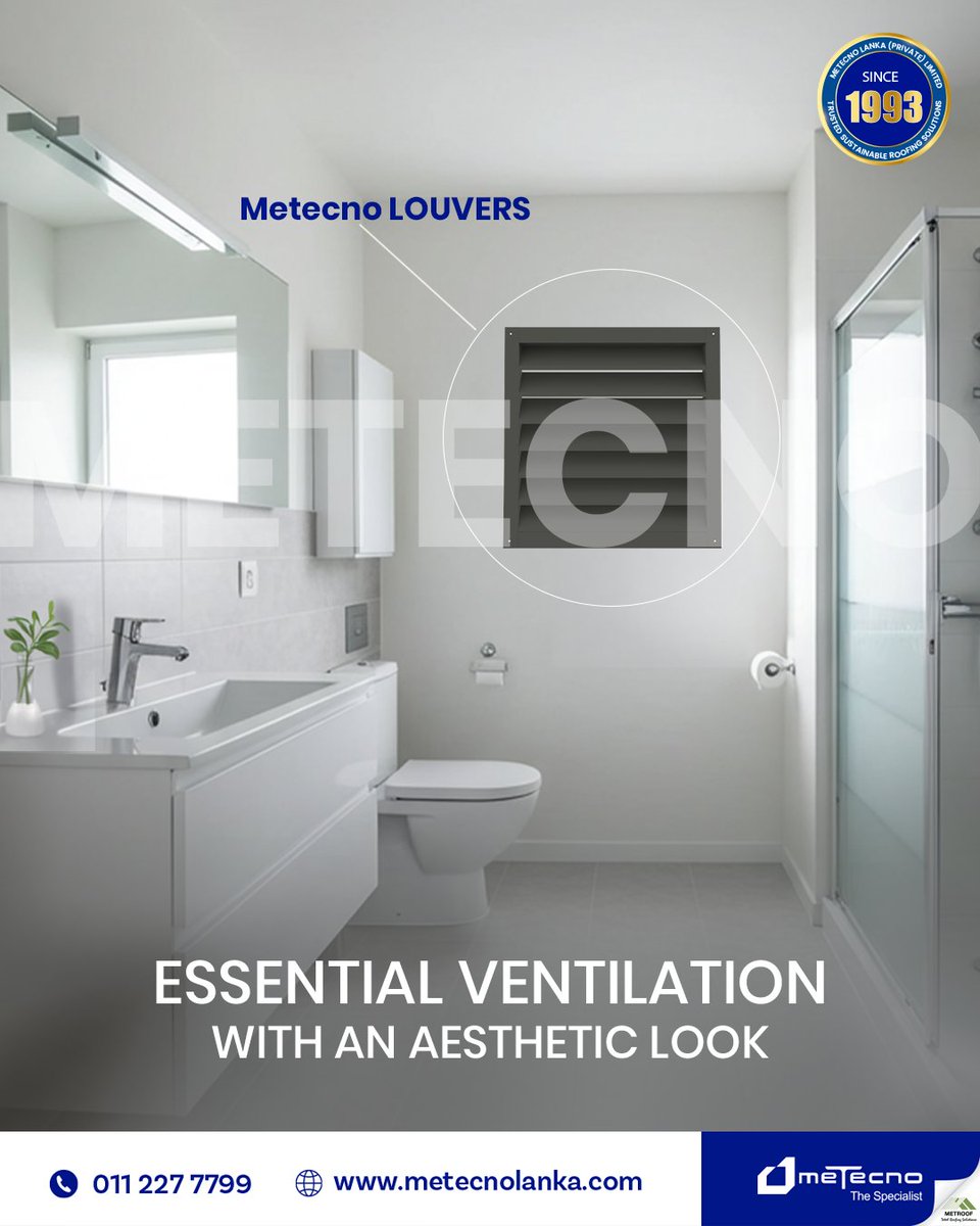 metecnolanka's tweet image. Give your home's bathroom an aesthetic look while ensuring proper ventilation with, Metecno Louvers. Available in a wide range of colors to match your home's style, and in custom sizes that fit your exact requirement.

Contact us on +94 112277799 

#MetecnoLanka #Metecno
