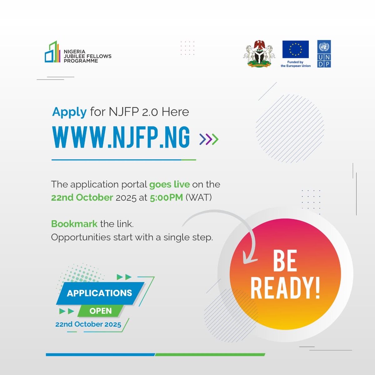 NigeriaJFP's tweet photo. Applications for #NJFP 2.0 open today at 5PM (WAT)!

This is your chance to gain real-world experience, skills and mentorship through Nigeria’s flagship fellowship programme.

Stay close. https://t.co/pOgdXgW9on
