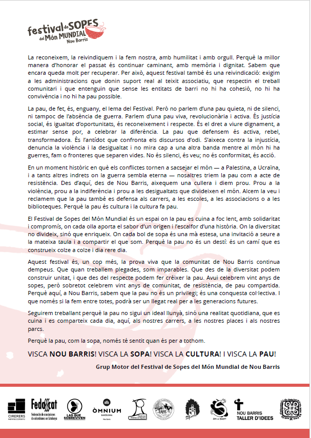 9bidees's tweet photo. #FestivalDeSopesDelMónMundial2025 
MANIFEST
20 ANYS DE SOPES | Octubre 2025
La pau, com la sopa, només té sentit quan és per a tothom.
https://t.co/FUbhgwQKxM https://t.co/LfCuEx38UA