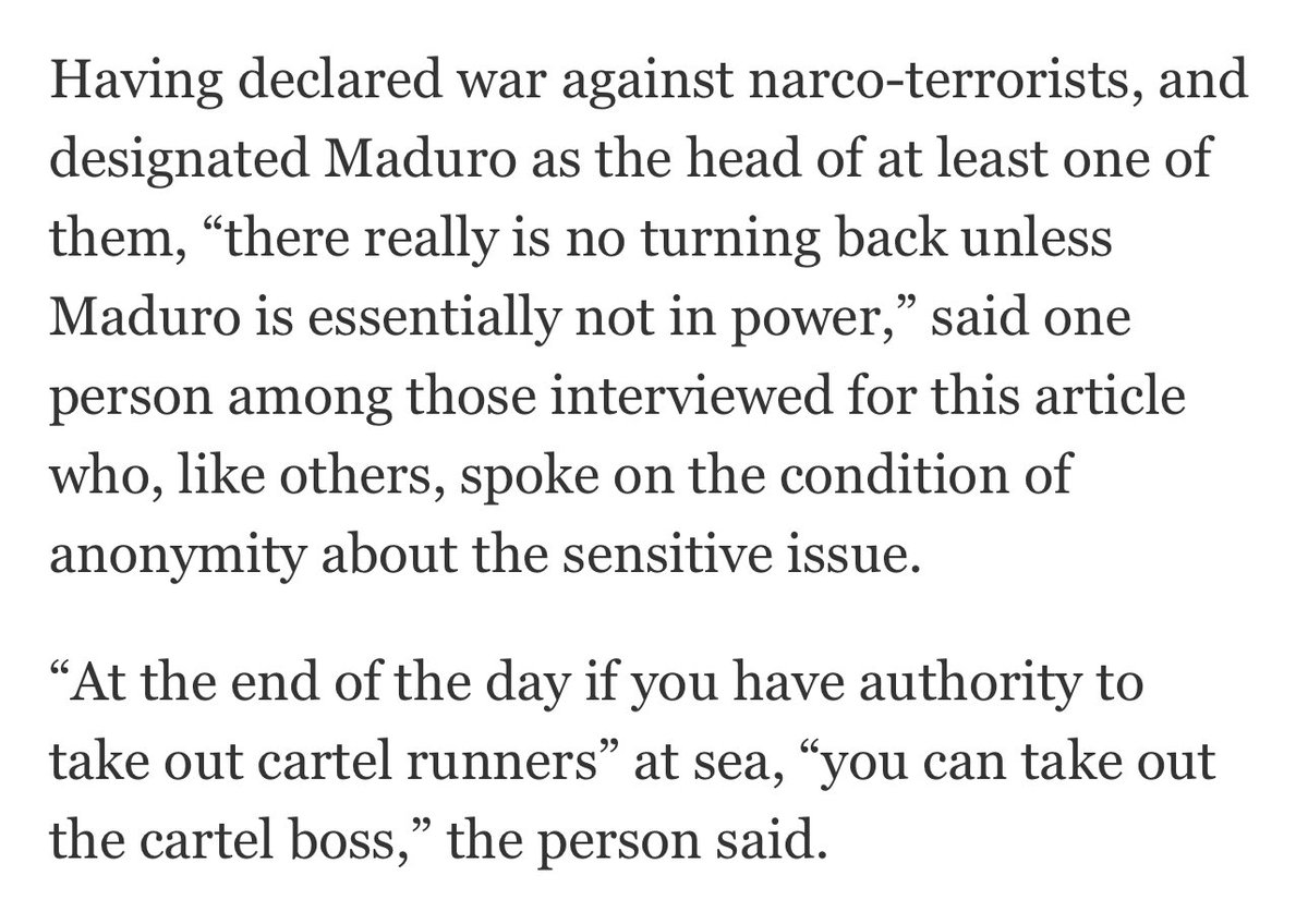 🚨 | Washington Post:

Fuente de la administración cercana a las conversaciones sobre Venezuela afirma que ya no hay vuelta atrás en la determinación de sacar a Maduro del poder por parte de EEUU. 

“Si tienes autorización para eliminar a los narcotraficantes por mar, la tienes