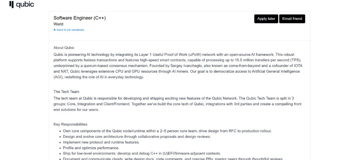 hereisfrescoid's tweet image. $QUBIC is hiring Software Engineers (C++)
$QUBIC is a Layer-1 AI network built by Sergey Ivancheglo (Come-From-Beyond), co-founder of IOTA and NXT.
Its architecture integrates Useful Proof of Work (uPoW) with an open-source AI framework, enabling:
• Feeless transactions
• Up…
