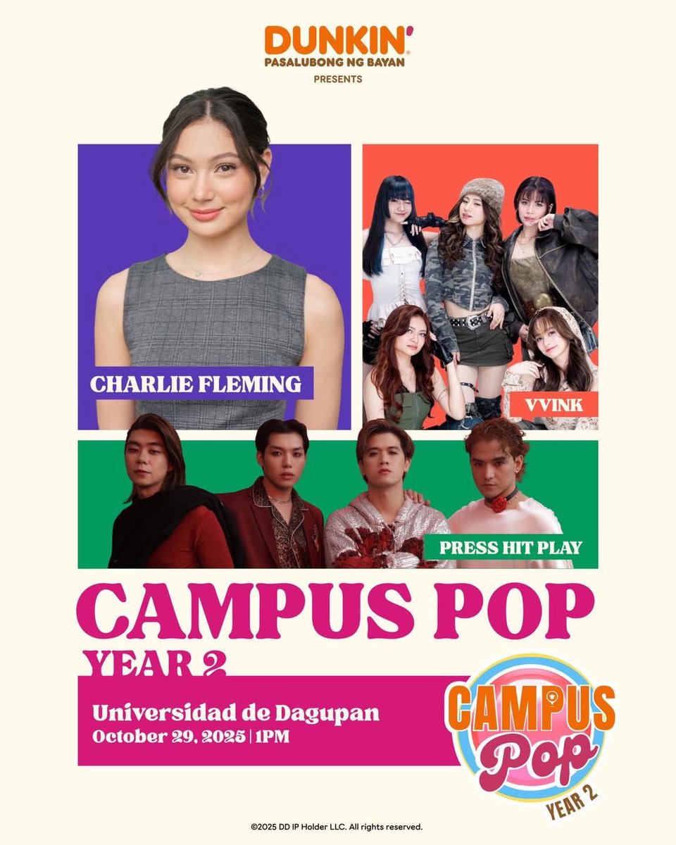 PressHitPlay's tweet photo. Kita-kits mga classmates sa Unibersidad De Dagupan para sa Dunkin' Campus Pop Year 2! Kasama namin ang VVINK at si Charlie Fleming! 'Wag aabsent ha! 😍🩷🧡 

📆 October 29 (Wednesday) | 1PM 
📍 Unibersidad De Dagupan

#DunkinCampusPopYear2 #DunkinCampusPop_UDD https://t.co/OZjOwylU2A