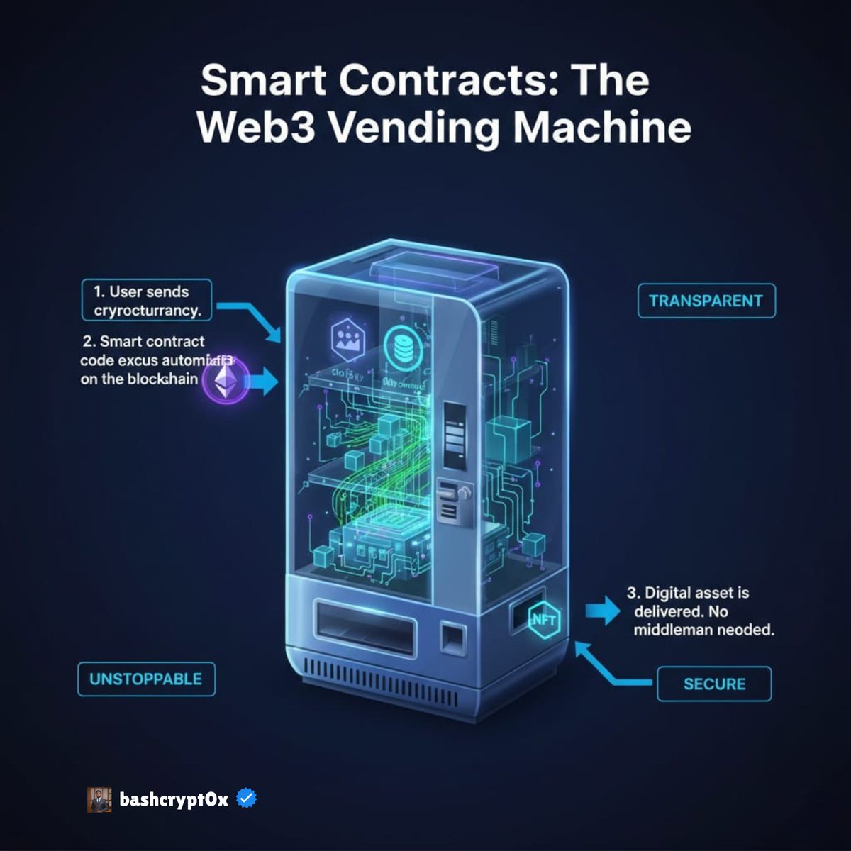 bashcrypt0x's tweet image. What are Smart Contracts?
Imagine a digital vending machine that runs on code, with no middleman needed. That's a smart contract.
➛It's a self-executing program stored on a blockchain that automatically runs when certain conditions are met. The rules of the agreement are…