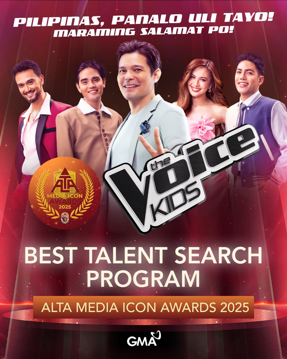 We’re raising our voices in celebration! #TheVoiceKidsGMA won Best Talent Search Program at the Alta Media Icon Awards 2025! 🏆 ✨

Maraming salamat sa walang sawang pagsuporta sa journey ng mga bata at sa paniniwala sa kanilang mga pangarap! ❤️🙌