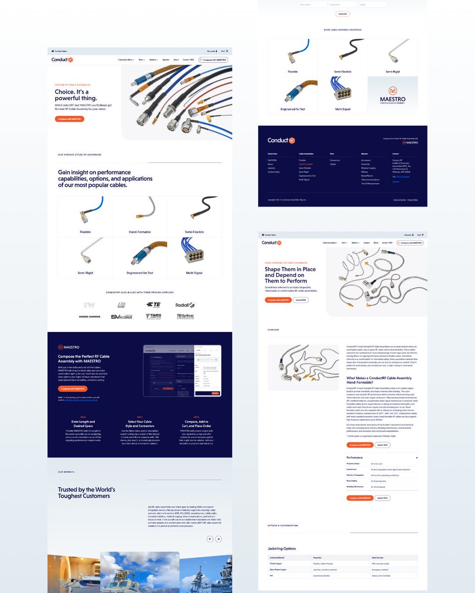 eklipsedev's tweet photo. We launched the new https://t.co/D3oOXc4VnP, powered by @medusajs!

ConductRF is a leader in RF & coaxial cable assemblies, serving aerospace, defense, communications, medical and more.

Their site hadn’t been updated in over a decade and lacked ecommerce. When they came to us, we saw an opportunity to modernize their entire digital experience.

The signature feature is MAESTRO — the world’s most advanced RF cable builder.

B2B customers can design fully custom cable assemblies—down to the millimeter—while automatically preventing incompatible configurations against performance metrics like max frequency, insertion loss and EMI shielding protection.

Once their assembly parts are chosen, they can compare their selection with similar ones which may be more desirable in terms of pricing, supplier, etc.

Frontend: @nuxt_js 
CMS: @sanity_io 
Payments: @stripe 
& more.