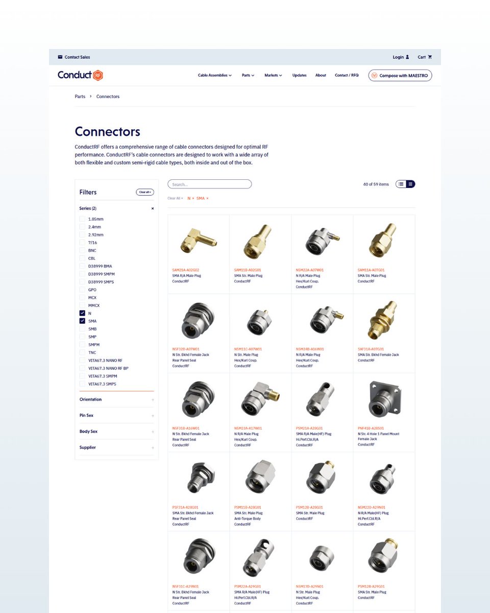 eklipsedev's tweet photo. We launched the new https://t.co/D3oOXc4VnP, powered by @medusajs!

ConductRF is a leader in RF & coaxial cable assemblies, serving aerospace, defense, communications, medical and more.

Their site hadn’t been updated in over a decade and lacked ecommerce. When they came to us, we saw an opportunity to modernize their entire digital experience.

The signature feature is MAESTRO — the world’s most advanced RF cable builder.

B2B customers can design fully custom cable assemblies—down to the millimeter—while automatically preventing incompatible configurations against performance metrics like max frequency, insertion loss and EMI shielding protection.

Once their assembly parts are chosen, they can compare their selection with similar ones which may be more desirable in terms of pricing, supplier, etc.

Frontend: @nuxt_js 
CMS: @sanity_io 
Payments: @stripe 
& more.