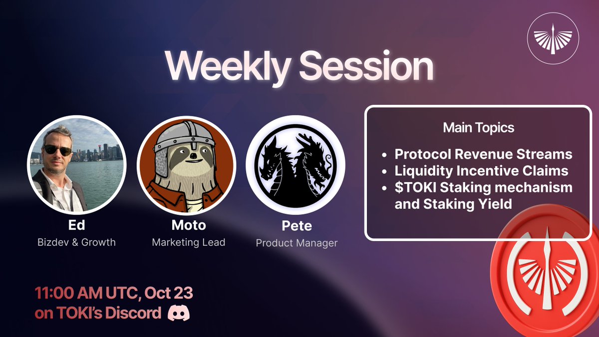 🎙️Weekly Community Session🎙️

This week, we'll dive into:
✅️Protocol Revenue Streams
✅️Liquidity Incentive Claims
✅️$TOKI Staking mechanism and Staking Yield

The $TOKI token will be arriving in your wallet soon.

Plus, the ICO and airdrop are coming right after!